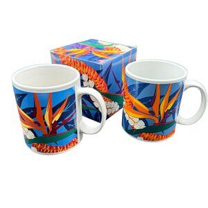 Vtg Hilo Hattie Vibrant Bird Of Paradise Coffee Mugs Set Of 2 With Colorful Box